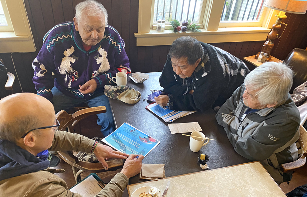 Penelakut Elders met with Phil Vernon and Christina Marshall at Chemainus in January 2022.<br> 
	Left to right:  Phil Vernon, August Sylvester, Mike Charlie, Myrus James<br> 
	(Not shown in photograph:  James Charlie and Marya Sylvester)